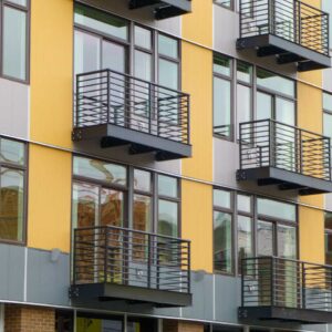 Horizontal railings on apartment balconies