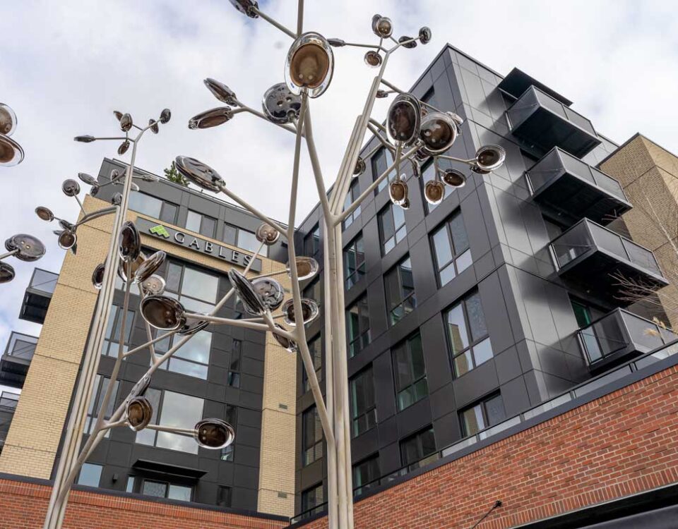 Glass railing on balconies of multifamily apartment complex