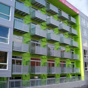 Metal railings on an apartment complex's balconies